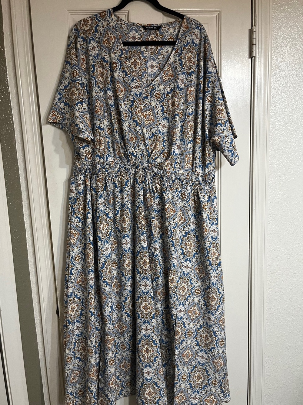 BloomChic Blue and Cream Tile-Print Midi Dress